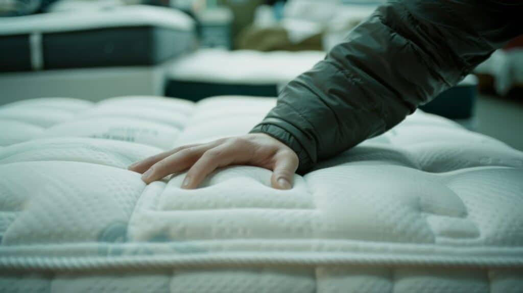 closeup hand pressing down plush mattress testing its softness quality showroom