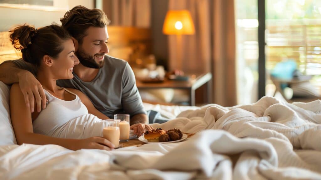 young couple enjoying breakfast bed they are smiling look happy tray has croissants muffins orange juice 1